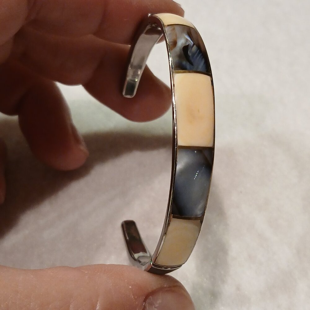 Inlaid Shell & Silver Cuff Bracelet - SMALL